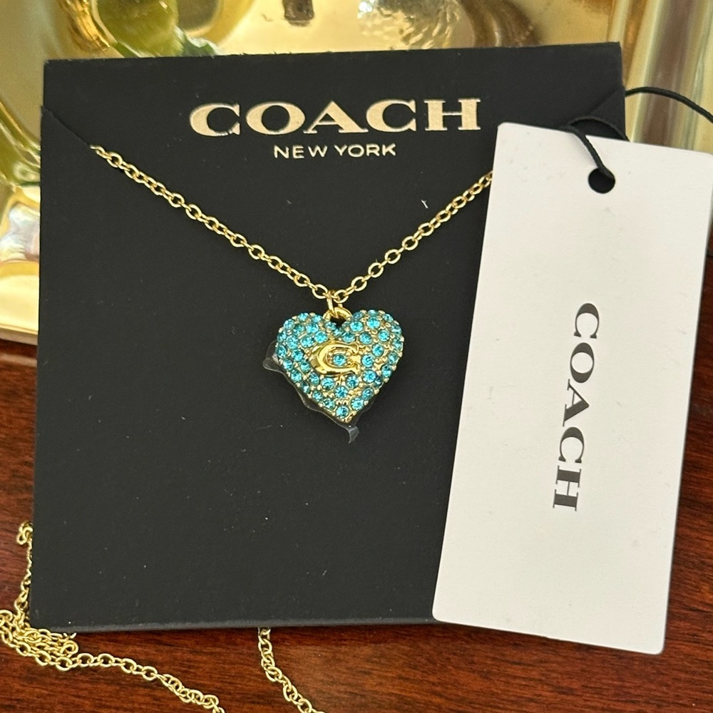 Coach Blue Pave Crystal‎ Signature C Puffed Heart Necklace NWT